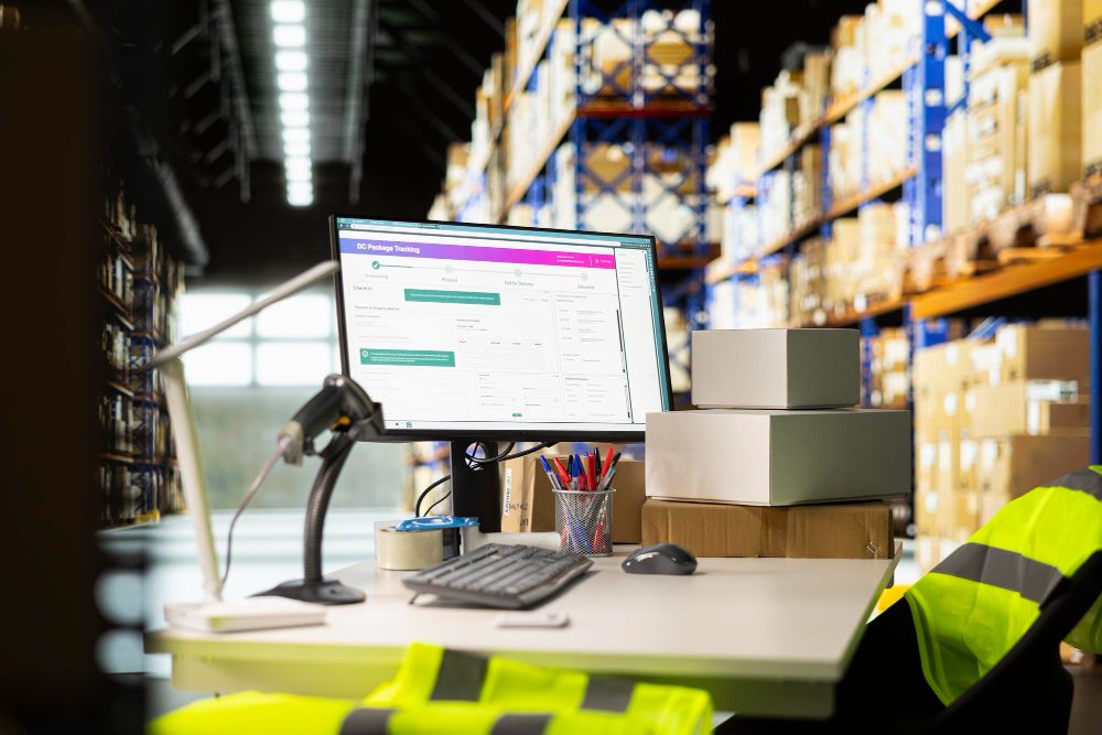 Arbeitsplatz mit Versand-Tracking-Software im Lager