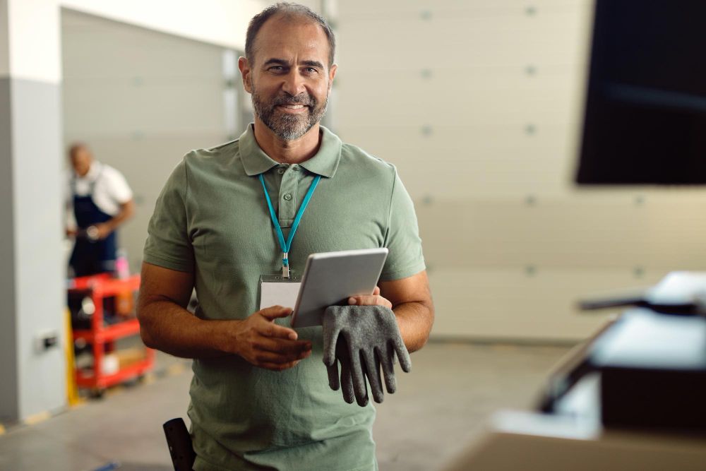 Unternehmer mit Tablet in einer Werkstatthalle